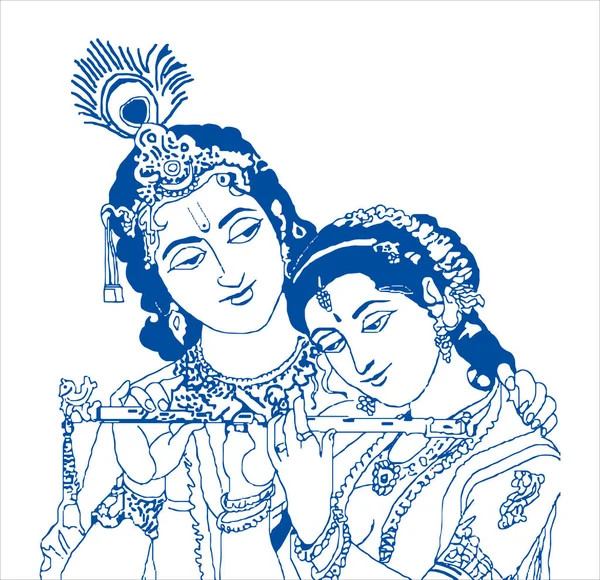 Disegno Schizzo Del Signore Krishna Dea Radha Outline Illustrazione Modificabile — Vettoriale Stock