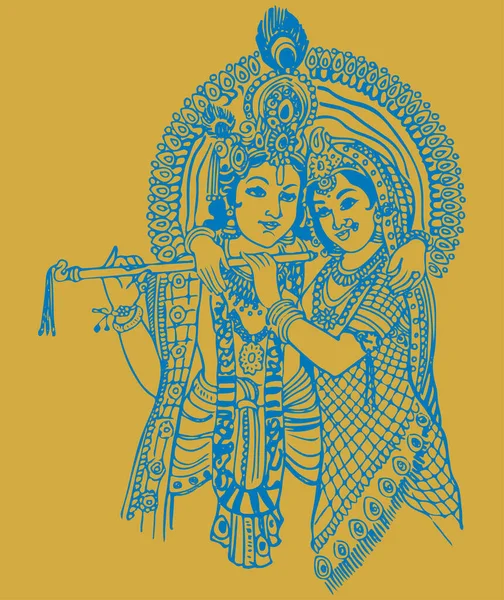 Drawing Sketch Lord Krishna Goddess Radha Outline Editable Illustration — Stock Vector