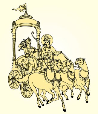 Bir at arabasında Lord Krishna ve Arjuna 'nın çizimi veya çizimi ve Hindu Epic Mahabharat' ın düzenlenebilir tasvirindeki Kurukshetra Savaşı sahneleri