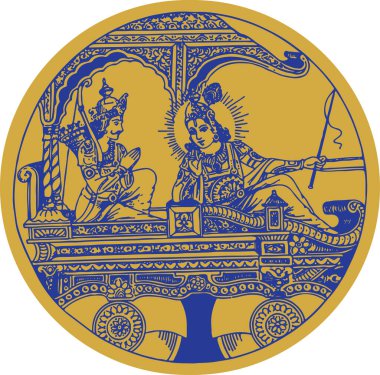 Bir at arabasında Lord Krishna ve Arjuna 'nın çizimi veya çizimi ve Hindu Epic Mahabharat' ın düzenlenebilir tasvirindeki Kurukshetra Savaşı sahneleri