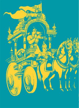 Bir at arabasında Lord Krishna ve Arjuna 'nın çizimi veya çizimi ve Hindu Epic Mahabharat' ın düzenlenebilir tasvirindeki Kurukshetra Savaşı sahneleri