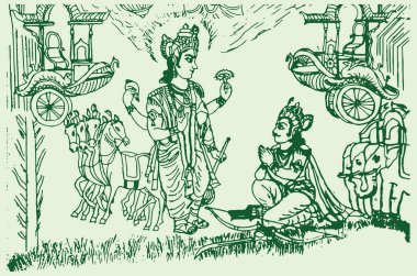 Bir at arabasında Lord Krishna ve Arjuna 'nın çizimi veya çizimi ve Hindu Epic Mahabharat' ın düzenlenebilir tasvirindeki Kurukshetra Savaşı sahneleri