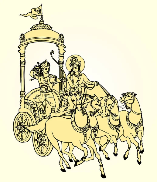 Drawing Sketch Lord Krishna Arjuna Horse Chariot Scenes Kurukshetra War — Stock Vector