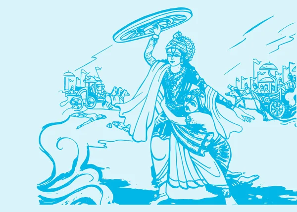 Dibujo Boceto Del Señor Krishna Arjuna Carro Caballos Escenas Guerra — Vector de stock