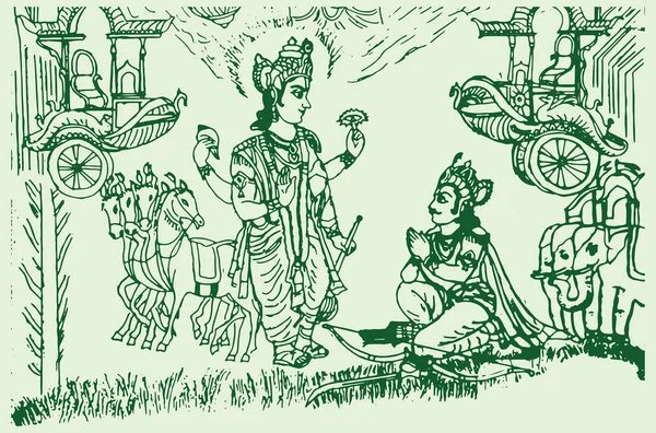 Disegno Schizzo Lord Krishna Arjuna Carro Cavallo Scene Della Guerra — Vettoriale Stock