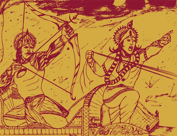 Dibujo Boceto Del Señor Krishna Arjuna Carro Caballos Escenas Guerra — Vector de stock