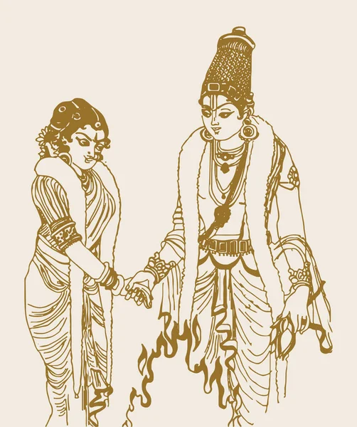 Dibujo Boceto Diosa Lakshmi Lord Venkateshwara Matrimonio Esbozar Ilustración Editable — Archivo Imágenes Vectoriales