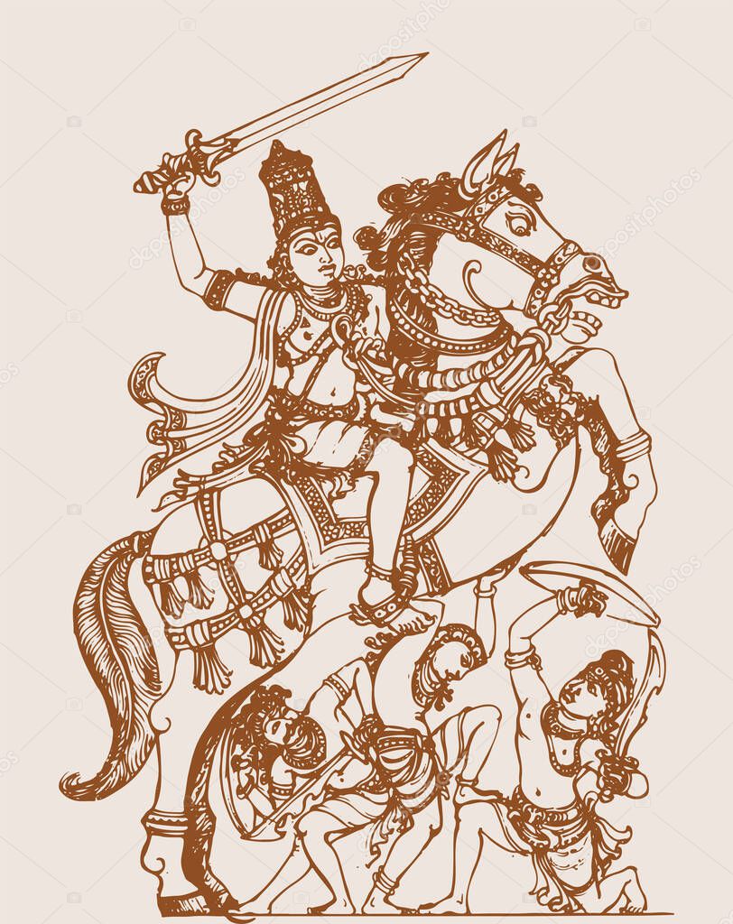 Drawing or Sketch of Lord Vishnu Kaliyug Kalki Avatar Outline editable illustration