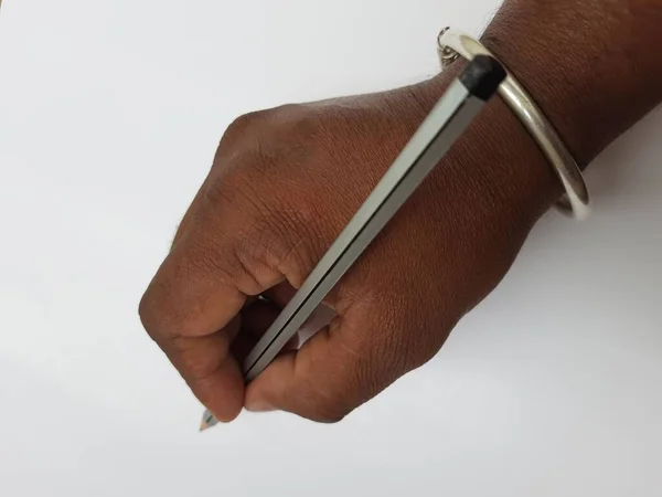 Closeup Indian Man Writing Using Pencil Hand White Paper — Fotografia de Stock
