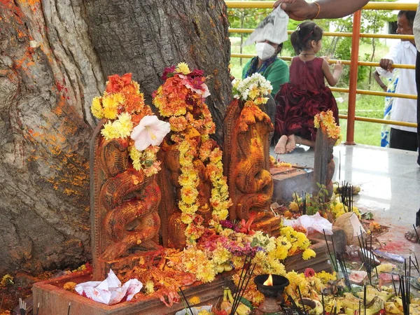 Channapatna Karnataka India Ago 2021 Primer Plano Estatua Serpiente Piedra — Foto de Stock