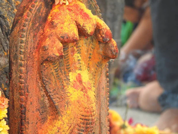 Channapatna Karnataka India Ago 2021 Primer Plano Estatua Serpiente Piedra —  Fotos de Stock