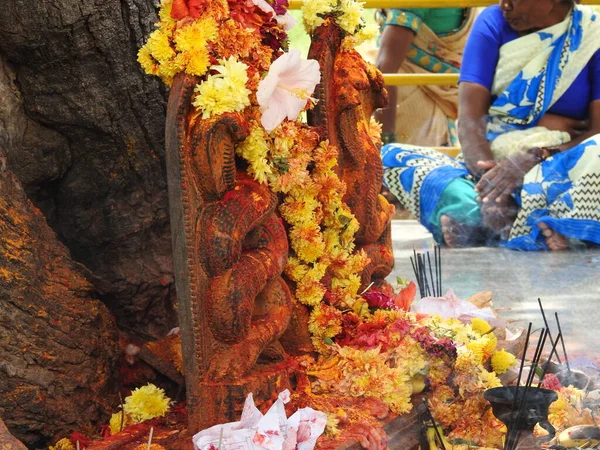 Channapatna Karnataka India Ago 2021 Primer Plano Estatua Serpiente Piedra — Foto de Stock