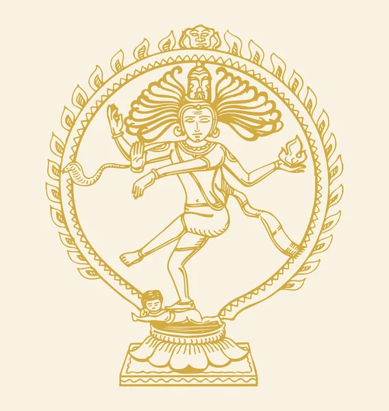 Dibujo Boceto Color Dorado Baile Señor Shiva Nataraja Estatua Contorno — Vector de stock
