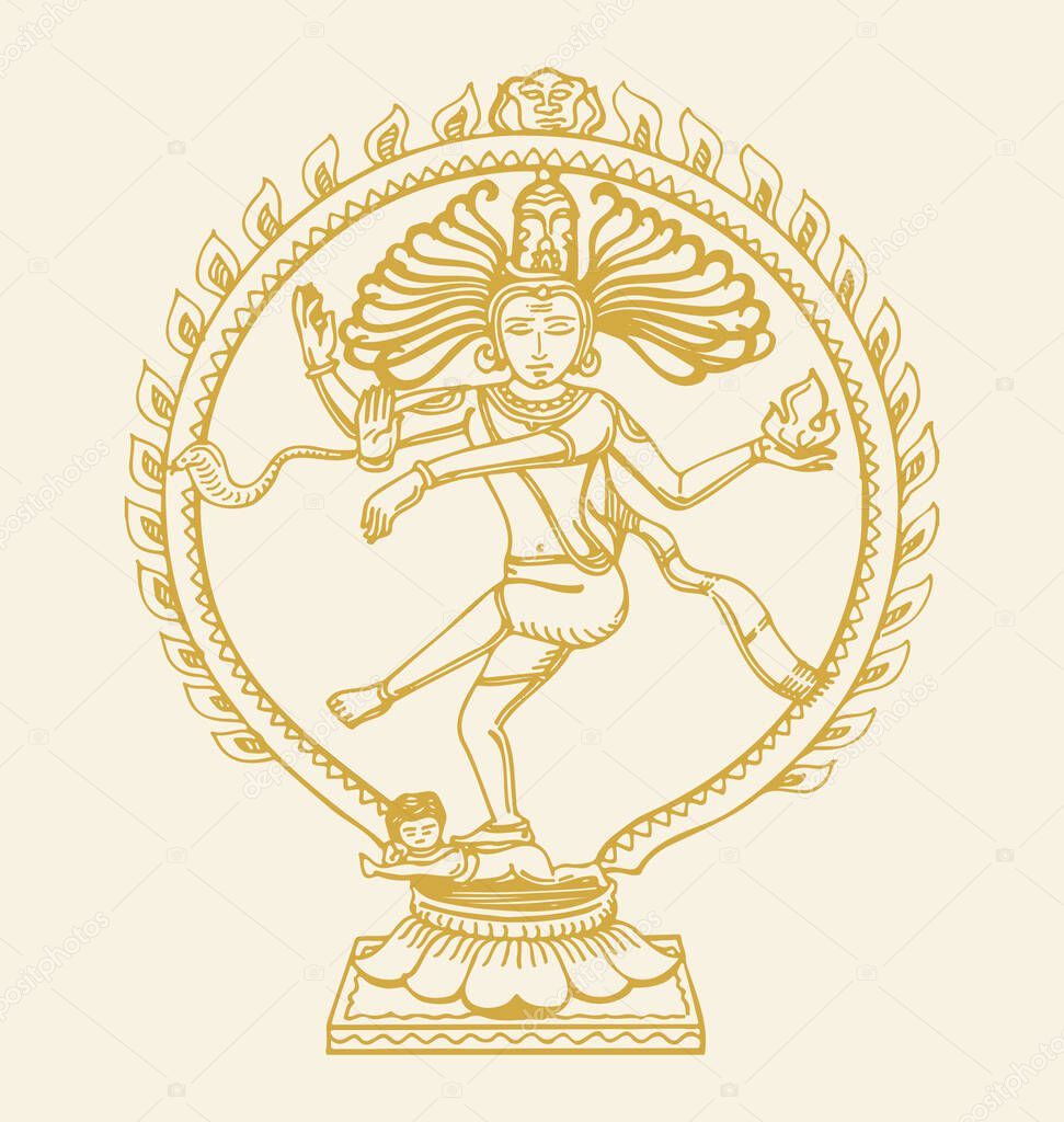 Drawing or Sketch of gold color dancing lord shiva or nataraja statue outline editable illustration