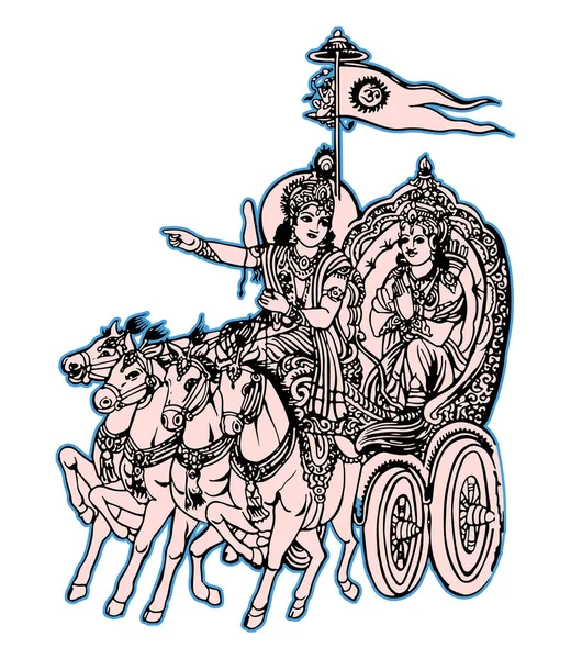 Dibujo Boceto Del Señor Krishna Diciéndole Bhagavad Gita Arjuna Campo — Vector de stock