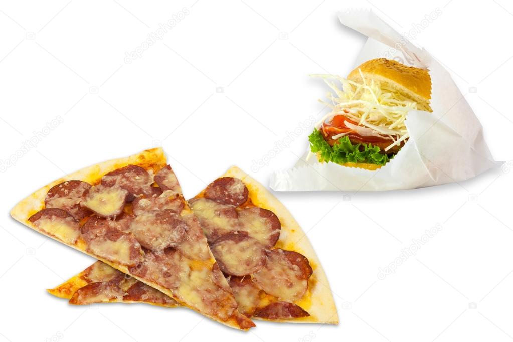 Slices of cheese pizza and hamburger on white