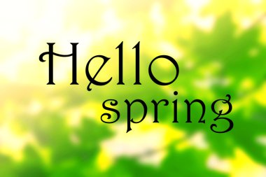 Siyah yazılı yazı kartıyla karşılama. Merhaba bahar doğal zemin üzerine.