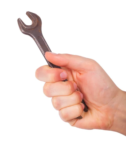 Hand holding wrench isolated on white background — Stock Photo, Image