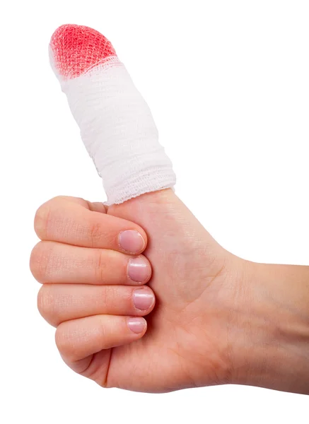 Hand thumb with blood and bandage isolated on white background — Stock Photo, Image