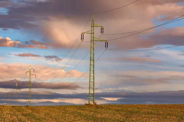 Лінія Електропередач Поле Заході Сонця Осінній Пейзаж — стокове фото
