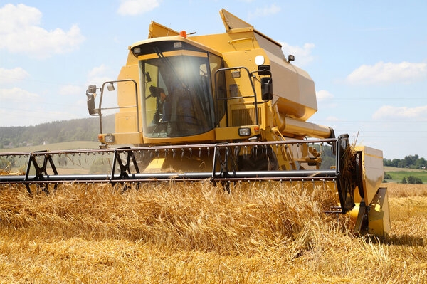 Combine harvester on a wheat field with a blue sky