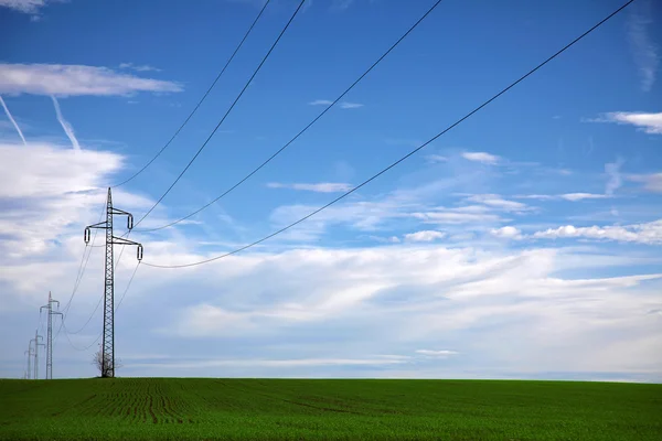 Линия электропередач посреди зеленого поля с голубым небом — стоковое фото