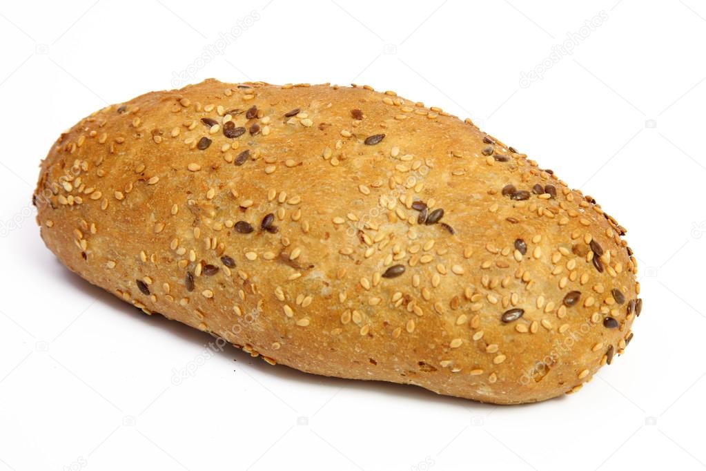 Bread roll covered with sesame seeds isolated on white background