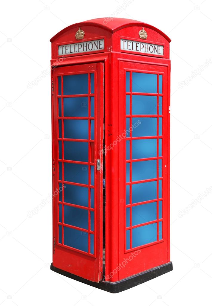 Classic British red phone booth in London UK, isolated on white