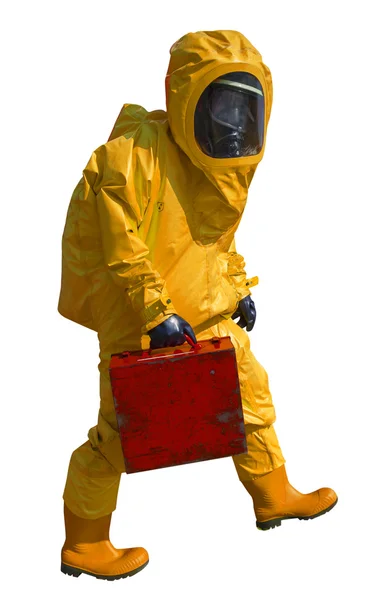 Man with briefcase in protective hazmat suit. Isolated on white. — Stock Photo, Image