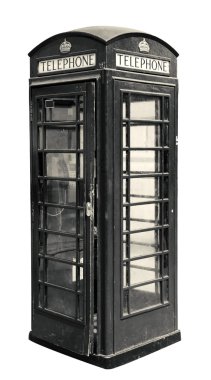Londra İngiltere, üzerinde beyaz izole klasik İngiliz telefon kulübesinde