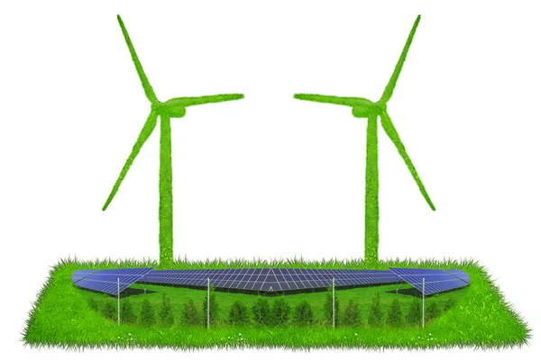 Turbine eoliche in erba con pannelli solari — Foto Stock