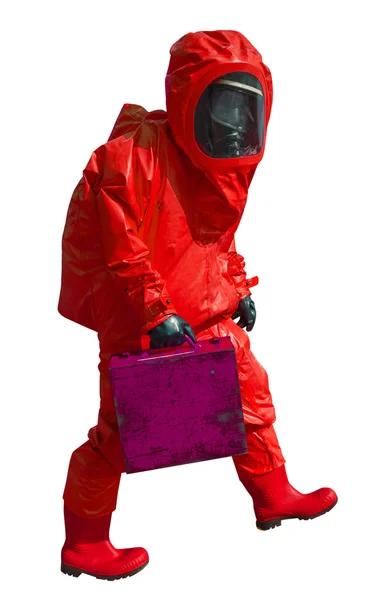 Homem com pasta em traje de proteção hazmat, isolado em branco — Fotografia de Stock