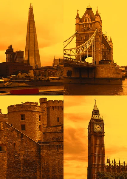 Landmarks in London, sunset sky, postcard — Stock Photo, Image