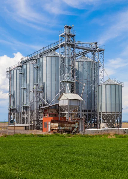 Silos industriali sotto il cielo blu, nel campo — Foto Stock