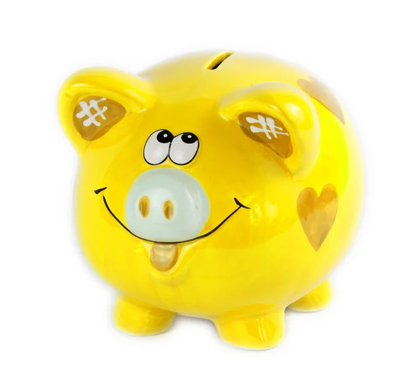 Yellow piggy bank style money box isolated on a white — Stock Photo, Image