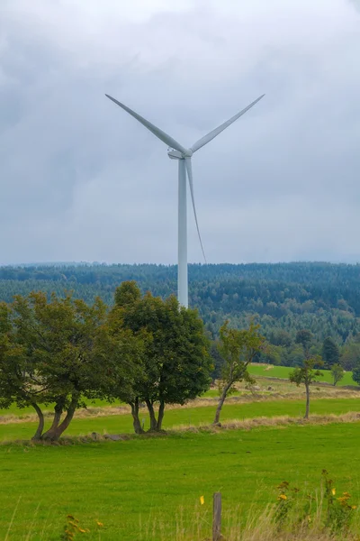 Turbina eólica en la hierba verde y cielo nublado — Foto de Stock