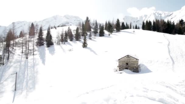Панорамирование снежных гор с домиком и соснами — стоковое видео