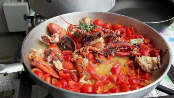 Preparation of Lobster with tomatoes in a pan for Italian pasta — Stock Video