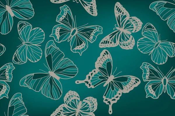 Patrón Sin Costuras Mariposas Colores Oscuros Lacónicos Fondo Verde — Vector de stock