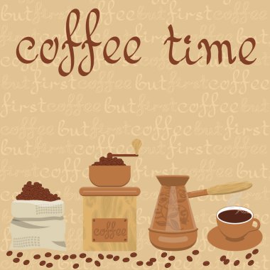 Kahve için kahve saati illüstrasyonu - kahve öğütücüsü, Türk fincanı, metin için yer var