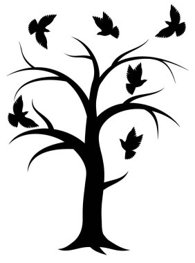 Yaprakları olmayan bir ağacın silueti ve üzerinde kuşlar daireler çiziyor, beyaz arka planda siyah.