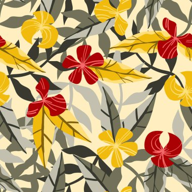 Çiçekler ve tropikal bitkilerin yaprakları, kusursuz vektör desenleri.