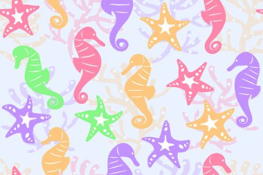 çok renkli denizatları ve denizyıldızları- kusursuz vektör deseni