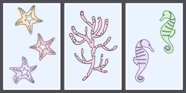 El çizimi denizyıldızları, denizatları ve mercanlar - duvar sanatı vektörü seti; duvar sanatı, poster, duvar kağıdı, baskı için