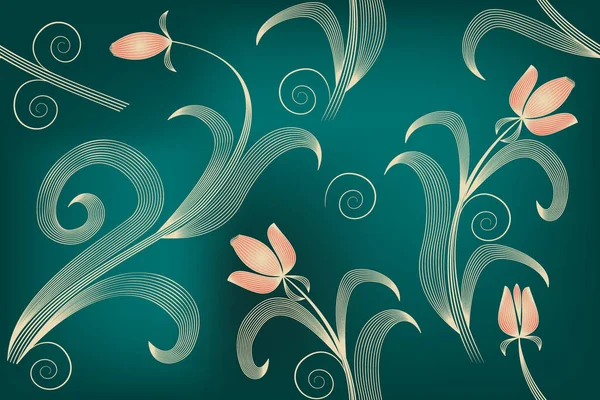 Feuilles Fleurs Bourgeons Dorés Abstraits Sur Fond Vert Foncé Motif — Image vectorielle