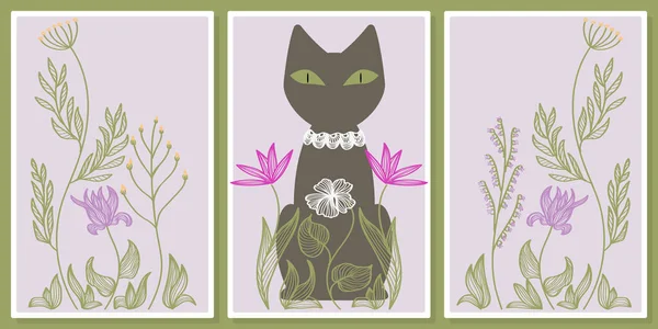 猫和手绘花 艺术自然色彩 墙体艺术 印刷品 — 图库矢量图片