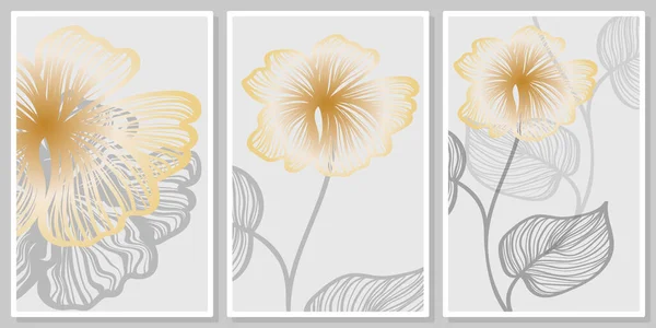 Luxe Zilveren Gouden Bloemen Bladeren Muurkunst Vector Set Voor Muur — Stockvector