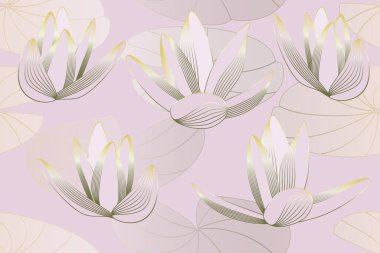 Pembe arka planda altın rengi nilüferleri ve yaprakları olan lüks, yumuşak bir pembe.