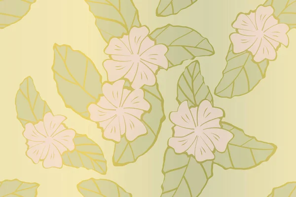 Goldene Umrisse Zartrosa Blüten Und Blätter Auf Hellgelbem Hintergrund Nahtloses — Stockvektor