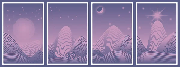 Панорамний Сіро Рожевий Абстрактний Гірський Пейзаж Скелі Пагорби Камені Сонце — стоковий вектор